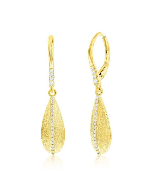 Gold Plated Over Sterling Silver Long Pear-Shaped Brushed CZ Earrings