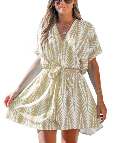 Women's Sash Belted Geo Print Mini Beach Dress