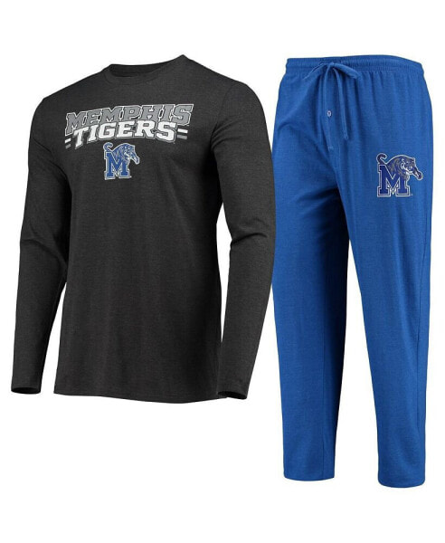 Men's Royal, Heathered Charcoal Distressed Memphis Tigers Meter Long Sleeve T-shirt and Pants Sleep Set