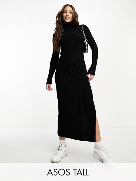 ASOS DESIGN Tall knitted maxi dress with high neck and side split in black