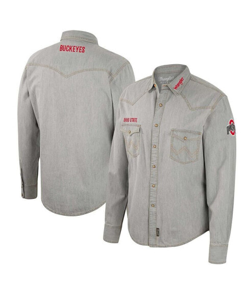 Men's x Wrangler Gray Ohio State Buckeyes Cowboy Cut Western Full-Snap Long Sleeve Shirt