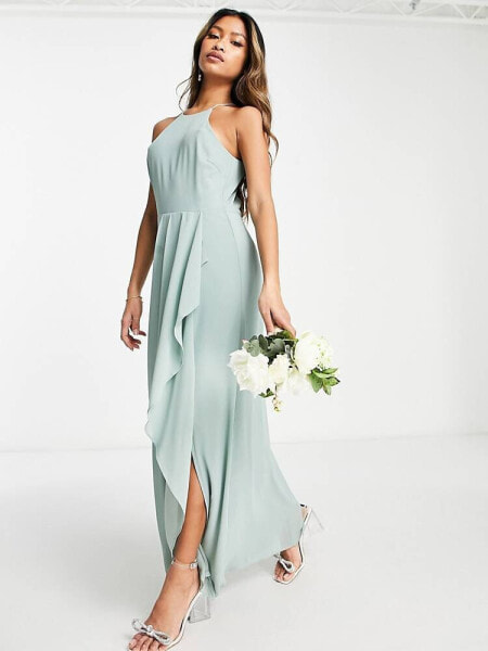 Vila Bridesmaid halterneck maxi dress with cut out back in green