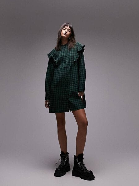 Topshop button down mini shirt dress in green and black check