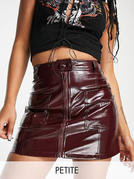 Topshop Petite patent zip front pocket mini skirt in burgundy