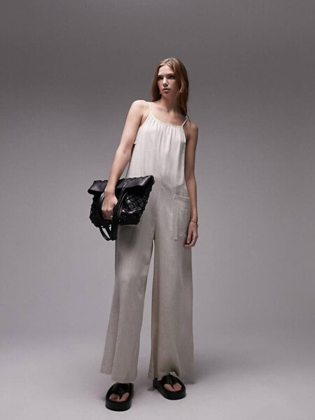 Topshop linen jumpsuit with pockets in oatmeal