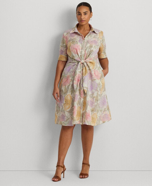 Plus Size Linen Tie-Waist Shirtdress