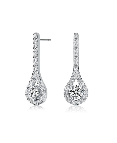 Sterling Silver with Rhodium Plated Clear Round Cubic Zirconia Solitaire with Accent Teardrop Earrings