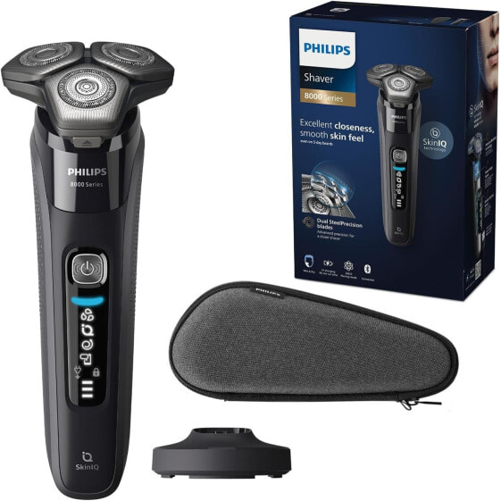 Philips Shaver Series 8000 – Elektrischer Nass- und Trockenrasierer mit SkinIQ Technologie, ausklappbarem Trimmer, Ladestation, Schutzkappe, Reinigungsbürste und Nasenhaartrimmer (Modell S8697/23)