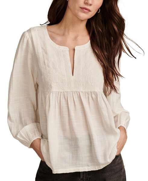 Women's Split-Neck Embroidered Peasant Top