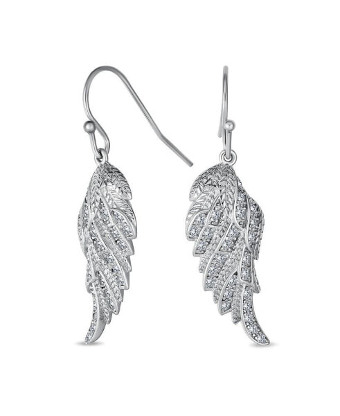 Heavenly Spiritual Symbol Cubic Zirconia Pave CZ Guardian Angel Wing Feather Lever back Dangle Earrings For Women For Teen Sterling Silver French Wire