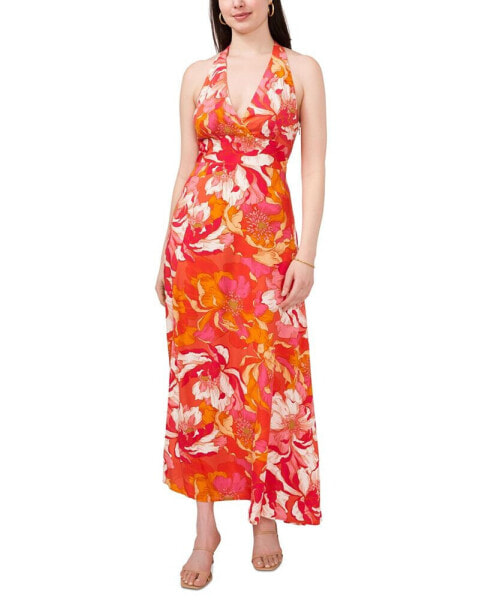 Women's Floral Print Sleeveless Halter Maxi Dress