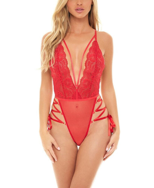 Women's Sloane Soft Cup Deep Plunge Teddy with Lace Up Ribbon Detailing