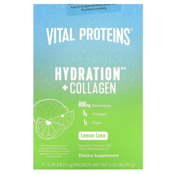 Электролиты для здоровья Vital Proteins Hydration + Collagen, Лимонный лайм, 7 пакетиков, 11 г каждый