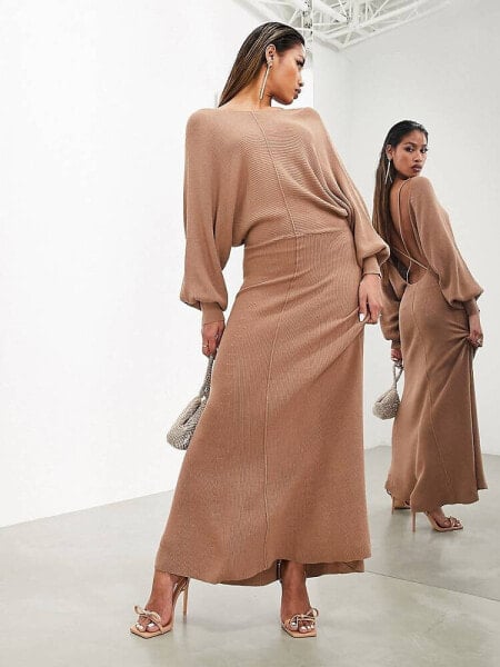 ASOS EDITION backless long sleeve knitted midi dress in mocha