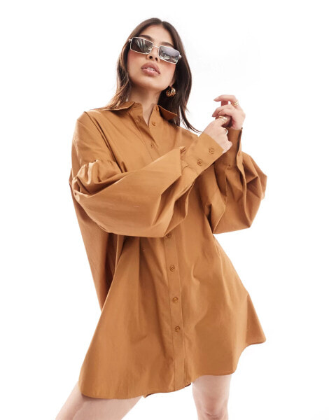 ASOS DESIGN ultimate boyfriend mini shirt dress with volume sleeve in tan