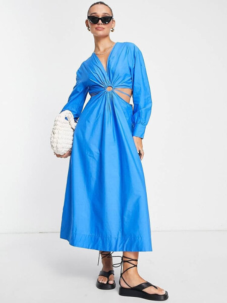 Mango ring detail cut out midi dress in bright blue