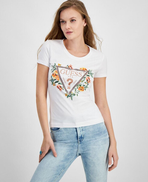 Women's Triangle Floral Logo Embellished T-Shirt
