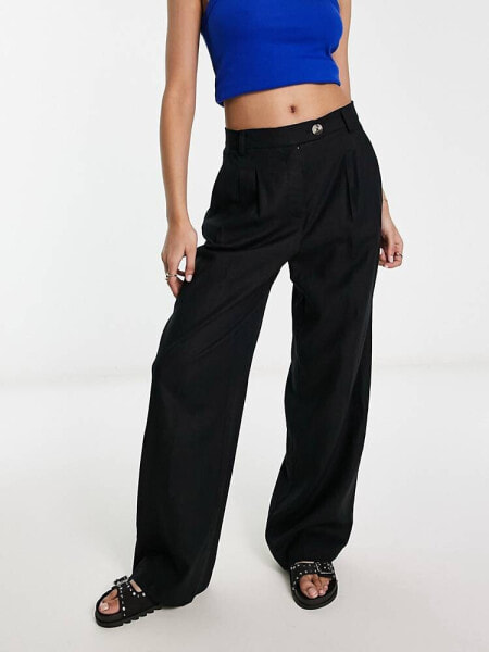 Bershka high waisted wide leg linen trousers in black