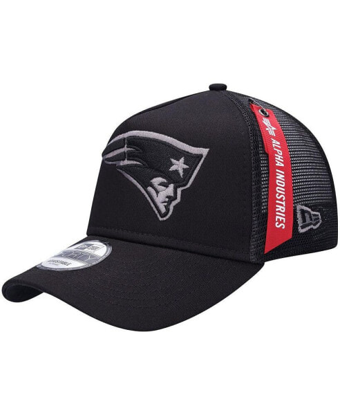 Men's x Alpha Industries Black New England Patriots A-Frame 9FORTY Trucker Snapback Hat