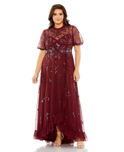Plus Size High Neck Puff Short Sleeve Embellished Faux Wrap Gown