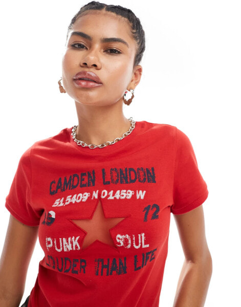 ASOS DESIGN baby tee with indie mesh star cut out graphic in red