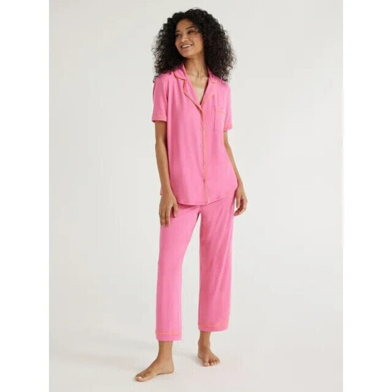 2Pcs Joyspun Women Knit Short Sleeve Notch Collar Top & Capri Pajama Set XL Pink