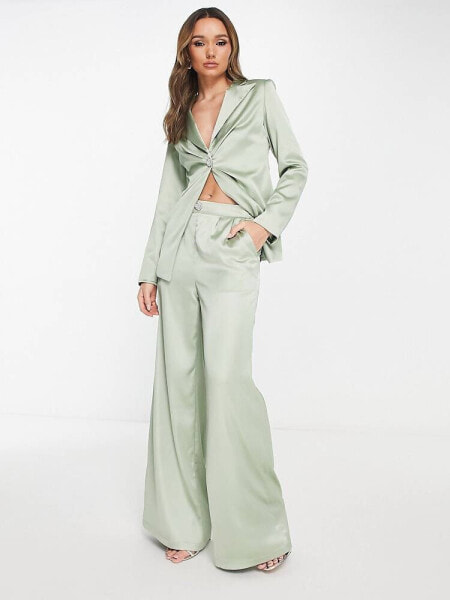 Extro & Vert Bridesmaid pleated satin wide leg trousers with heart jewel button co-ord