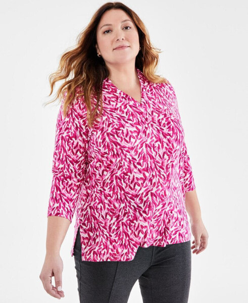 Plus Size Printed Johnny-Collar Knit Tunic Top, Created for Macy's