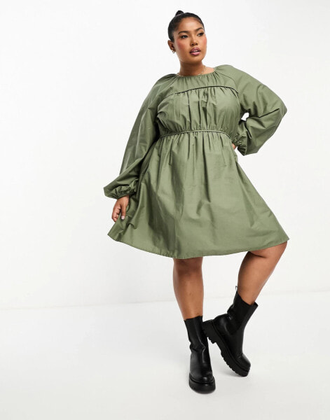 ASOS DESIGN Curve cotton poplin mini dress with ruched bust detail in olive green