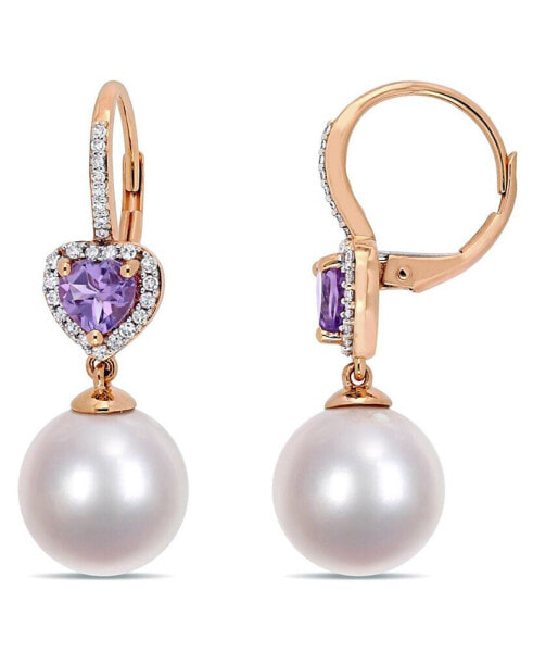 Freshwater Cultured Pearl (11-12mm), Amethyst (4/5 ct. t.w.) and Diamond (1/5 ct. t.w.) Heart Drop Earrings in 10k Rose Gold