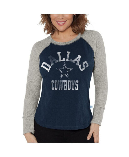 Women's Navy, Gray Distressed Dallas Cowboys Raglan Waffle-Knit Long Sleeve T-shirt