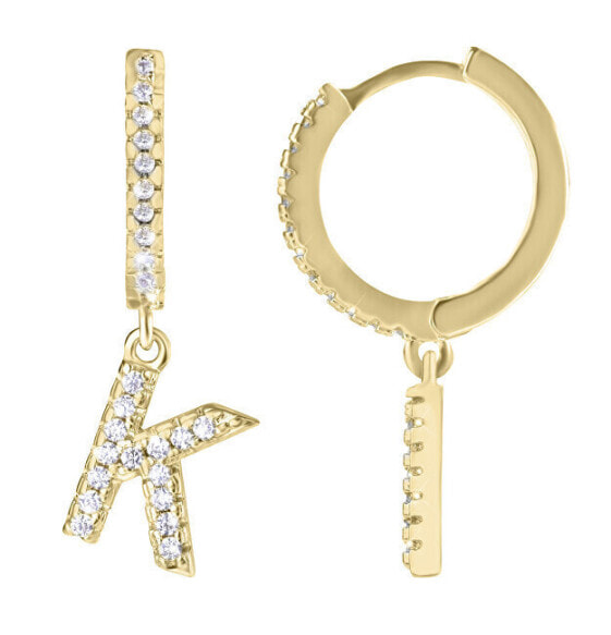 Round gold-plated single earrings "K" with zircons
