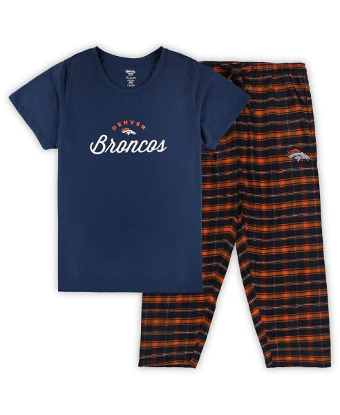 Women's Navy Denver Broncos Plus Size Badge T-shirt and Flannel Pants Sleep Set