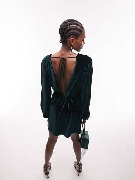 Topshop peplum velvet mini dress in green