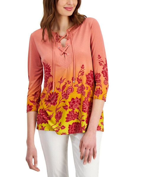 Petite Garden Lace-Up 3/4-Sleeve Tunic Top, Created for Macy's