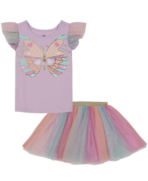 Toddler Girls Mesh Butterfly T-shirt and Tutu Skort Set