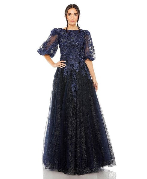 Women's High Neck Puff Sleeve A Line Gown