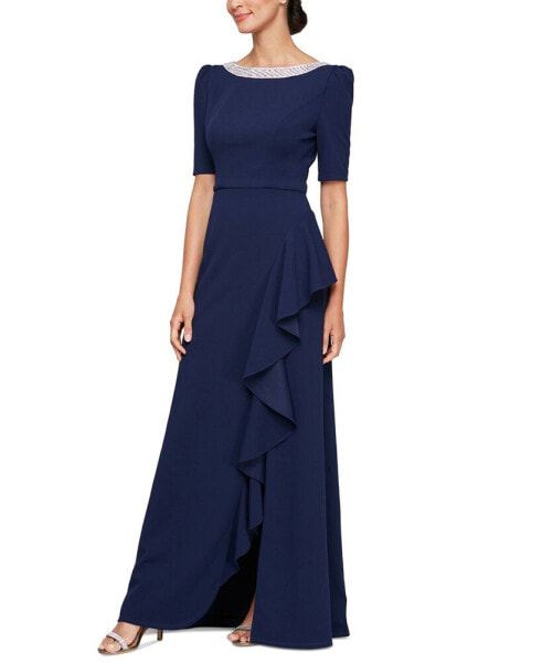 Petite Embellished-Neck Ruffle Gown