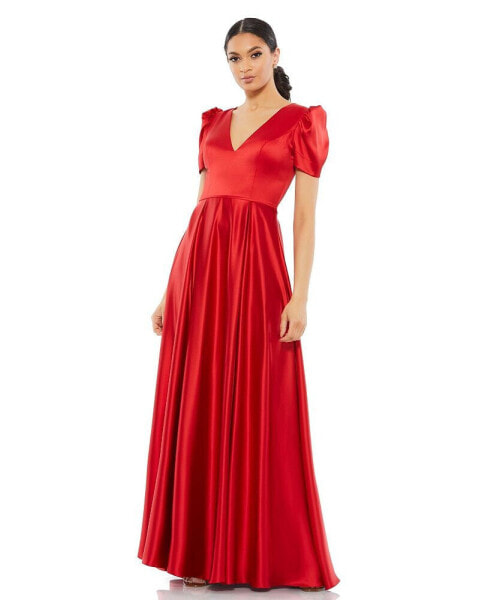 Women's Ieena V Neck Cap Puff Sleeve Satin Gown