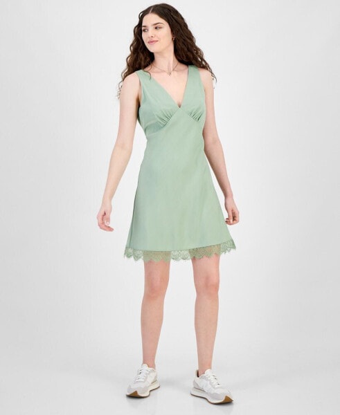 Juniors' Lace-Trim Satin Slip Mini Dress