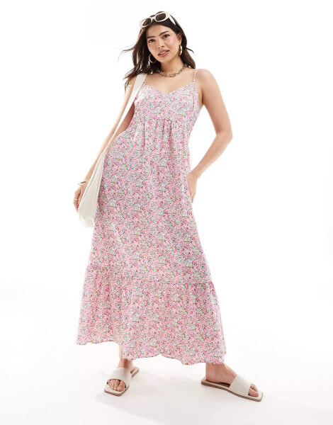 Pieces frill bottom maxi dress in pink floral print