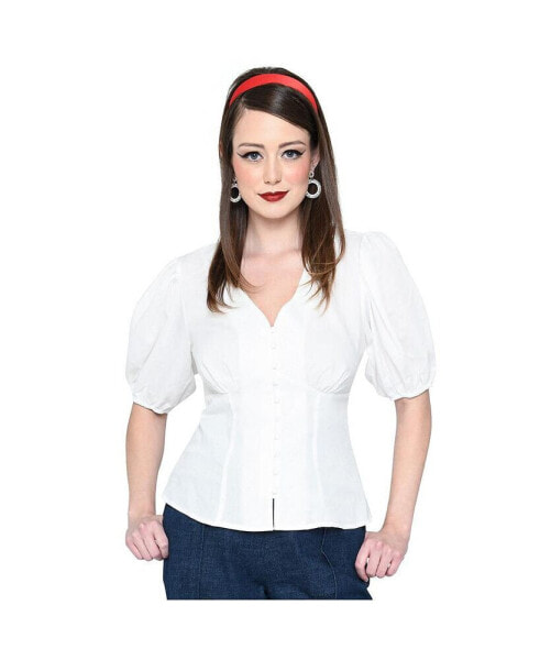 Short Puff Sleeve Button Front Blouse