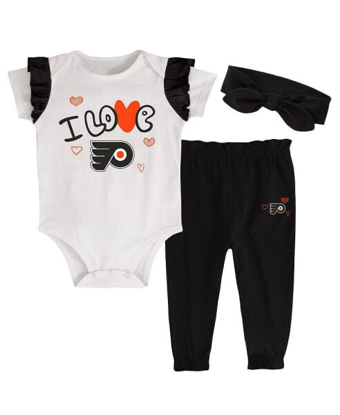 Girls Infant White, Black Philadelphia Flyers I Love Hockey Bodysuit Pants and Headband Set