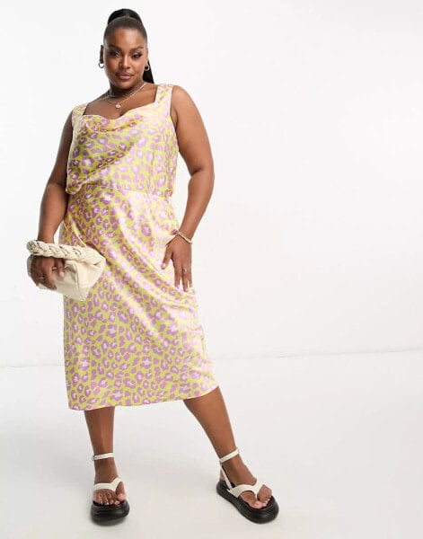 Simply Be satin slip midi skirt in yellow leopard print