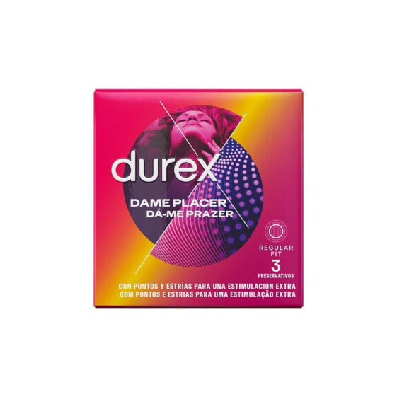 Презервативы Durex Dame Placer 3 единицы, дополнительно усиленные ребрами и точками, регулярного размера (56 мм), дополнительно смазанные силиконом.