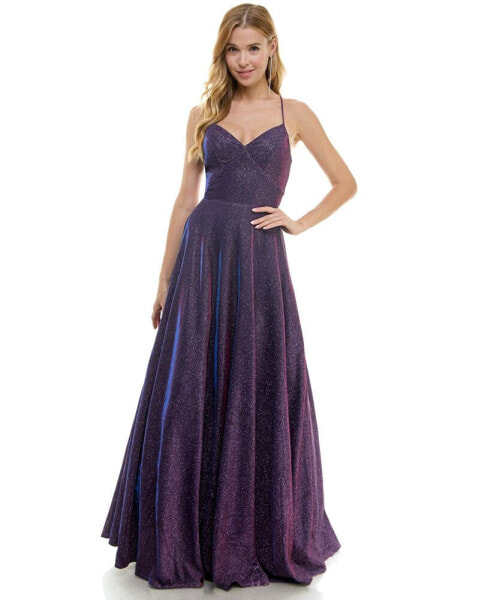 Juniors' Glitter-Knit V-Neck Ball Gown