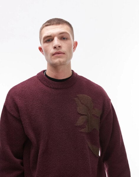 Topman – Oversize-Pullover in Burgunderrot mit floralem Jacquard-Motiv