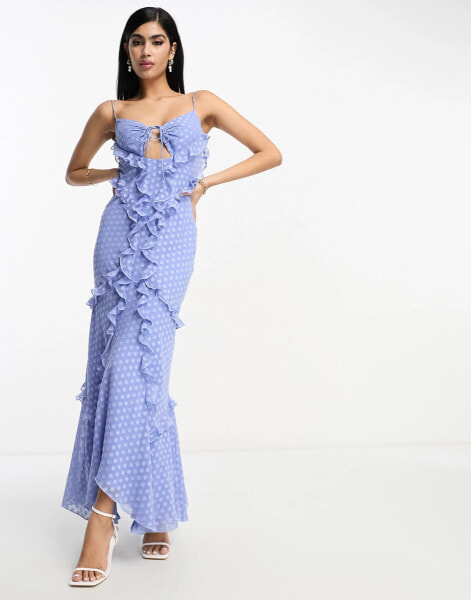 ASOS Design – Neckholder-Maxikleid in Blau mit Rüschen, Cut-out-Detail und strukturiertem Punktemuster