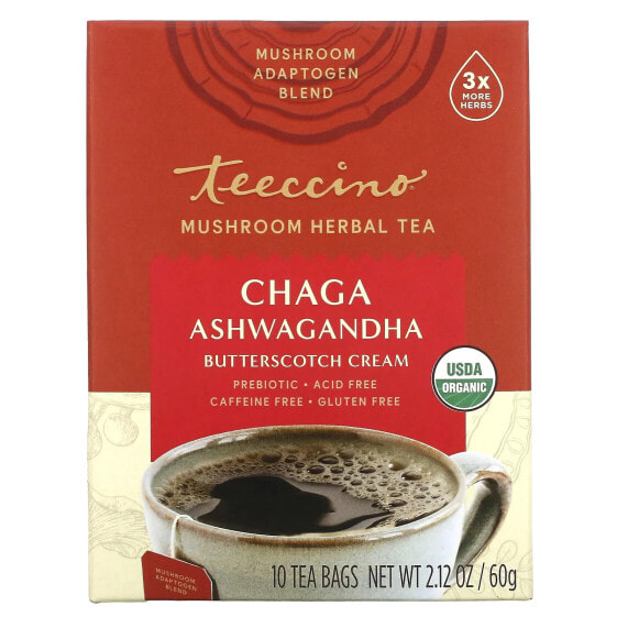 Mushroom Herbal Tea, Organic Chaga Ashwagandha, Caffeine Free, 10 Tea Bags, 2.12 oz (60 g)