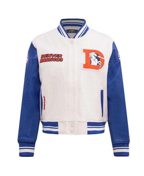 Women's Cream Distressed Denver Broncos Retro Classic Vintage-Like Full-Zip Varsity Jacket